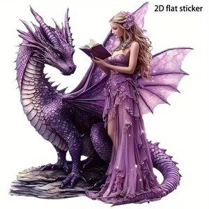 6" x 6" Mythical Fantasy Purple Fairy and Dragon 2D Decal Sticker